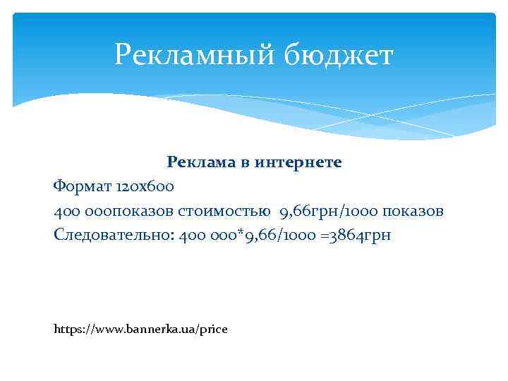 Рекламный бюджет Реклама в интернете Формат 120 х600 400 000 показов стоимостью 9, 66