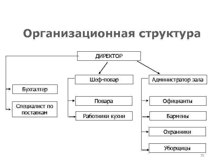 Организационная структура ДИРЕКТОР Шеф-повар Администратор зала Повара Официанты Работники кухни Бармены Бухгалтер Специалист по