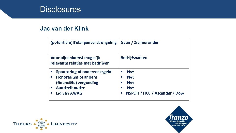 Disclosures Jac van der Klink (potentiële) Belangenverstrengeling Geen / Zie hieronder Voor bijeenkomst mogelijk