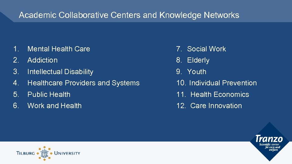 Academic Collaborative Centers and Knowledge Networks 1. Mental Health Care 7. Social Work 2.