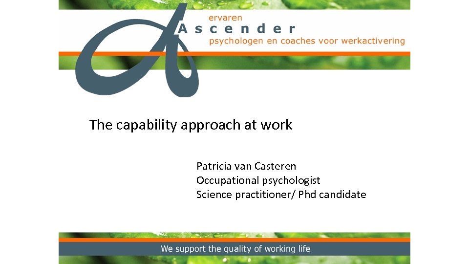 The capability approach at work Patricia van Casteren Occupational psychologist Science practitioner/ Phd candidate