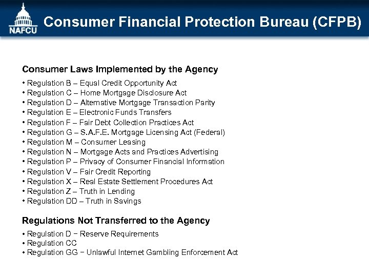 Consumer Financial Protection Bureau (CFPB) Consumer Laws Implemented by the Agency • Regulation B