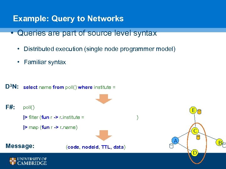 Example: Query to Networks • Queries are part of source level syntax • Distributed