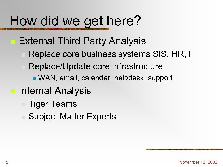 How did we get here? n External Third Party Analysis n n Replace core