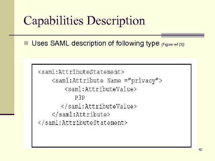 Capabilities Description n Uses SAML description of following type (Figure ref [3]) 42 