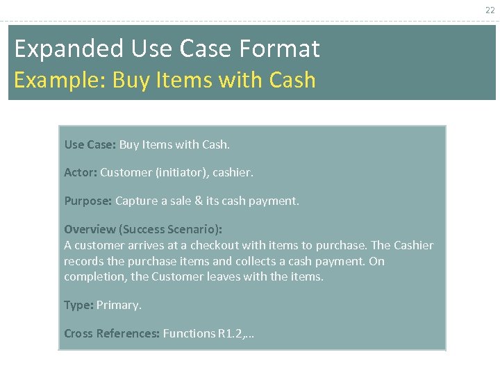 22 Expanded Use Case Format Example: Buy Items with Cash Use Case: Buy Items