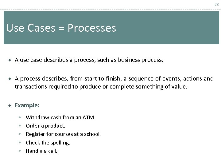 28 Use Cases = Processes A use case describes a process, such as business