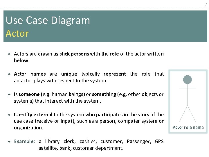 7 Use Case Diagram Actors are drawn as stick persons with the role of