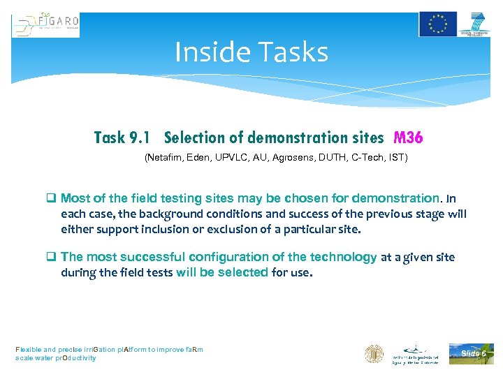 Inside Tasks Task 9. 1 Selection of demonstration sites M 36 (Netafim, Eden, UPVLC,