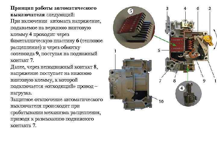 Принцип работы автоматического выключателя следующий: При включении автомата напряжение, подаваемое на верхнюю винтовую клемму
