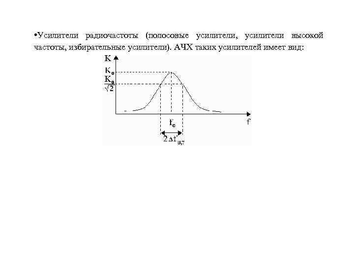  • Усилители радиочастоты (полосовые усилители, усилители высокой частоты, избирательные усилители). АЧХ таких усилителей