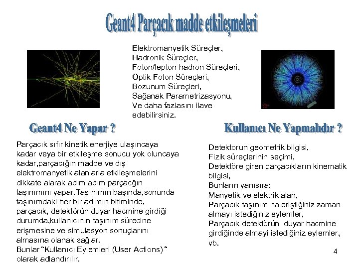 Elektromanyetik Süreçler, Hadronik Süreçler, Foton/lepton-hadron Süreçleri, Optik Foton Süreçleri, Bozunum Süreçleri, Sağanak Parametrizasyonu, Ve