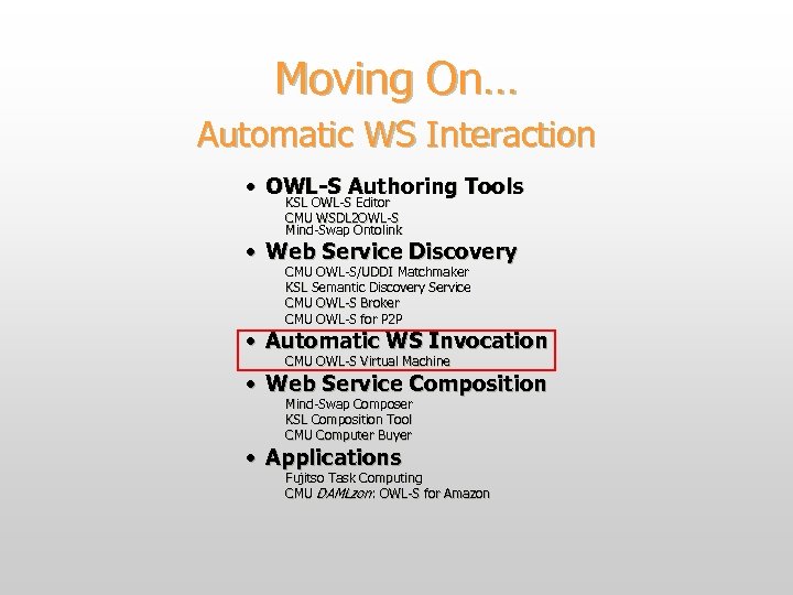 Moving On… Automatic WS Interaction • OWL-S Authoring Tools KSL OWL-S Editor CMU WSDL