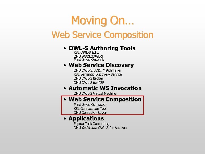 Moving On… Web Service Composition • OWL-S Authoring Tools KSL OWL-S Editor CMU WSDL