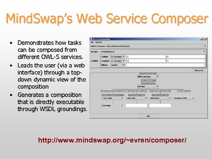 Mind. Swap’s Web Service Composer • Demonstrates how tasks can be composed from different