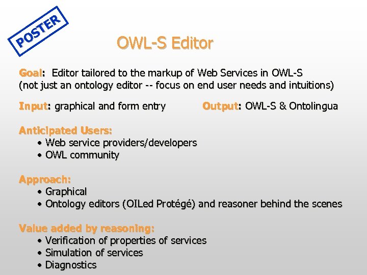 ER ST PO OWL-S Editor Goal: Editor tailored to the markup of Web Services