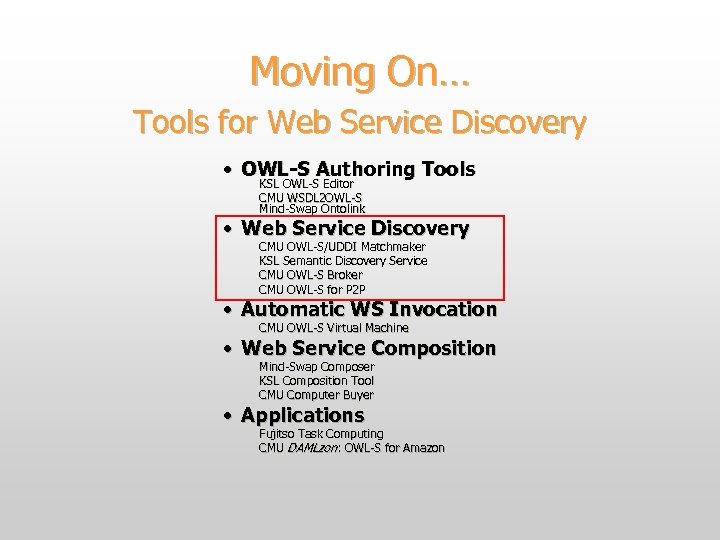 Moving On… Tools for Web Service Discovery • OWL-S Authoring Tools KSL OWL-S Editor