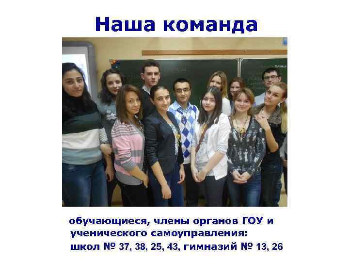 Наша команда обучающиеся, члены органов ГОУ и ученического самоуправления: школ № 37, 38, 25,