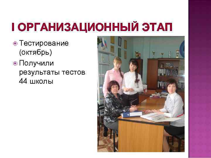 I ОРГАНИЗАЦИОННЫЙ ЭТАП Тестирование (октябрь) Получили результаты тестов 44 школы 