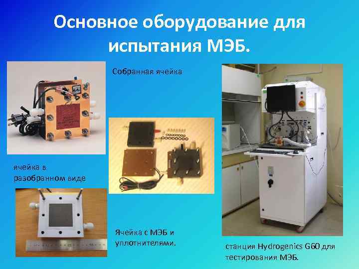 Основное оборудование для испытания МЭБ. Собранная ячейка в разобранном виде Ячейка с МЭБ и