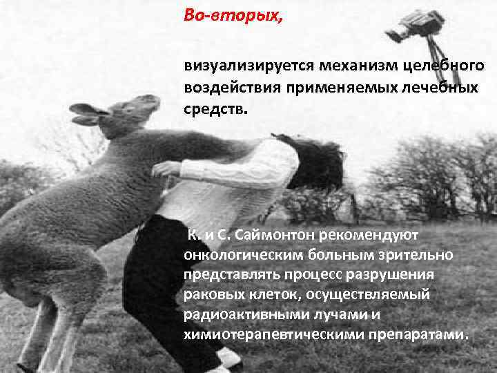 Во-вторых, визуализируется механизм целебного воздействия применяемых лечебных средств. К. и С. Саймонтон рекомендуют онкологическим