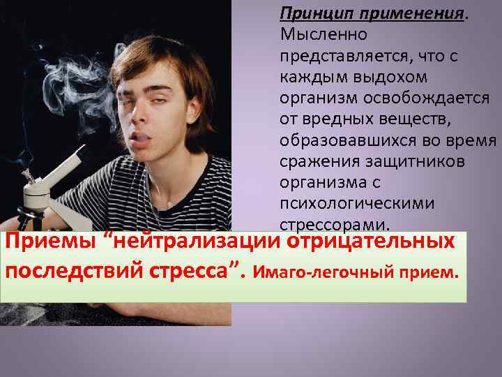 Принцип применения. Мысленно представляется, что с каждым выдохом организм освобождается от вредных веществ, образовавшихся