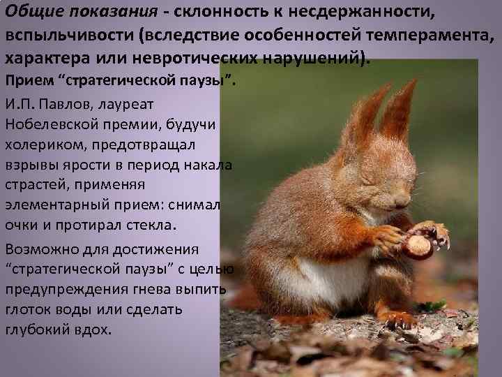 Общие показания - склонность к несдержанности, вспыльчивости (вследствие особенностей темперамента, характера или невротических нарушений).