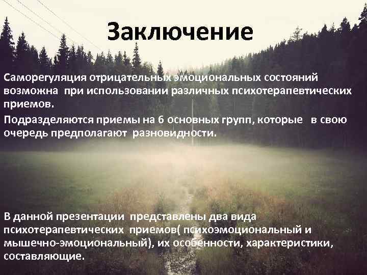 Заключение Саморегуляция отрицательных эмоциональных состояний возможна при использовании различных психотерапевтических приемов. Подразделяются приемы на