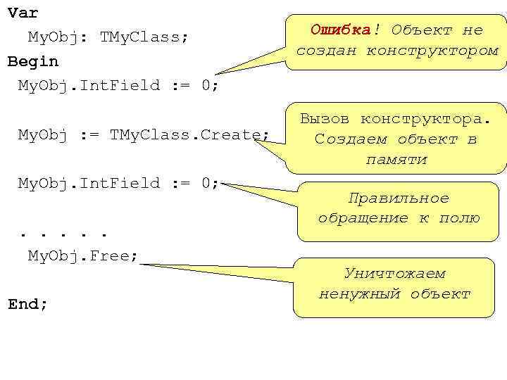 Var My. Obj: TMy. Class; Begin My. Obj. Int. Field : = 0; My.