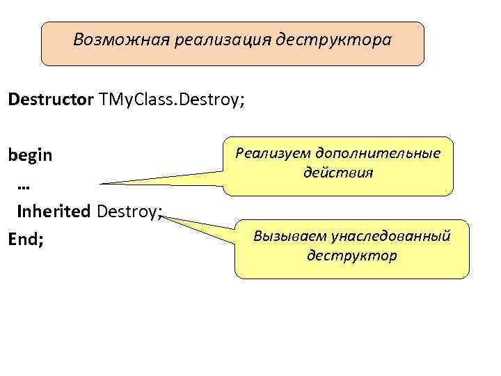 Возможная реализация деструктора Destructor TMy. Class. Destroy; begin … Inherited Destroy; End; Реализуем дополнительные