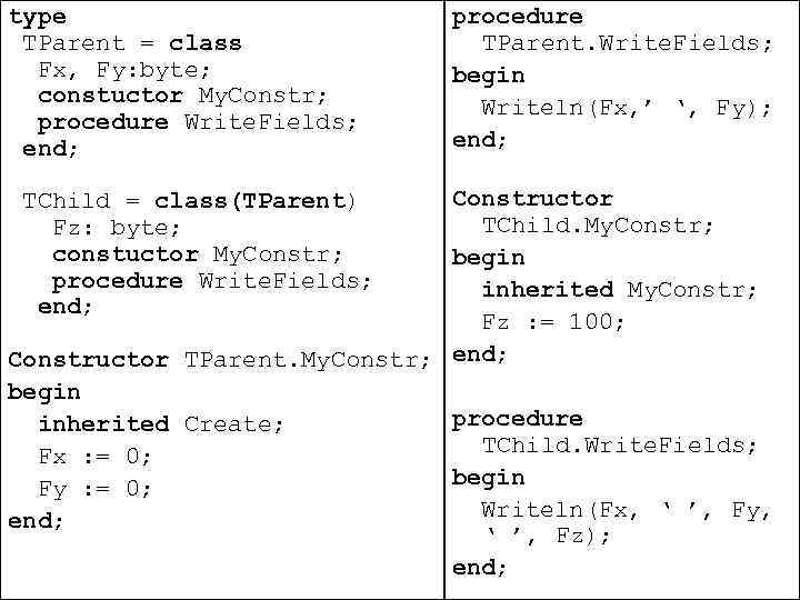 type TParent = class Fx, Fy: byte; constuctor My. Constr; procedure Write. Fields; end;