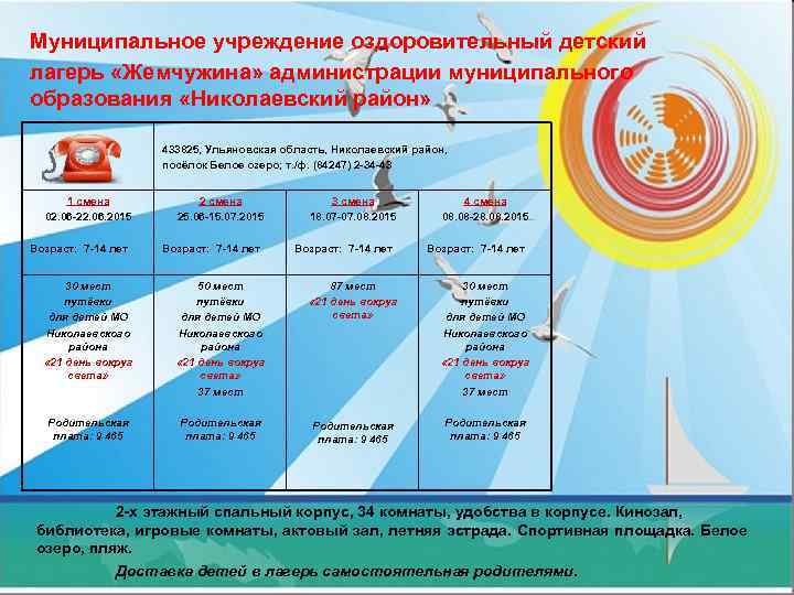 Муниципальное учреждение оздоровительный детский лагерь «Жемчужина» администрации муниципального образования «Николаевский район» 433825, Ульяновская область,