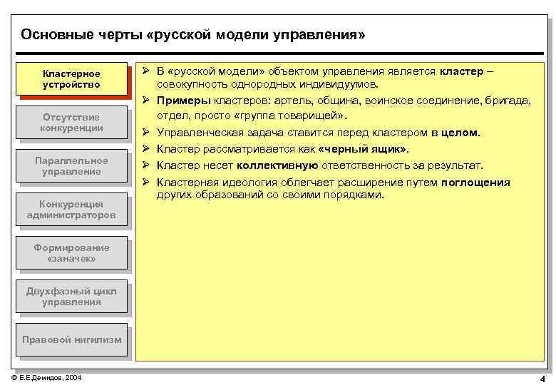 Основные черты «русской модели управления» Кластерное устройство Отсутствие конкуренции Параллельное управление Конкуренция администраторов Ø