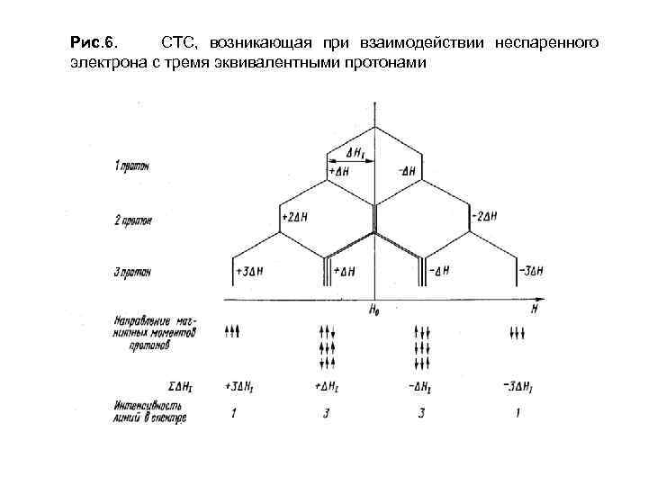 Рис. 6. СТС, возникающая при взаимодействии неспаренного электрона с тремя эквивалентными протонами 
