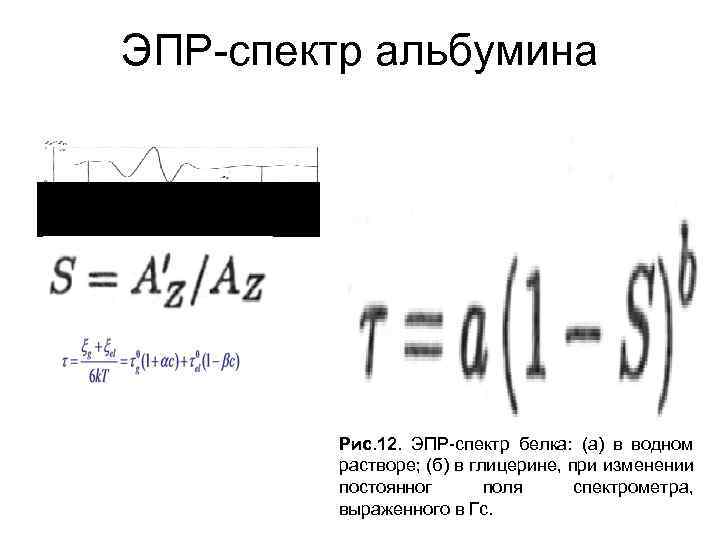 ЭПР-спектр альбумина Рис. 12. ЭПР-спектр белка: (а) в водном растворе; (б) в глицерине, при