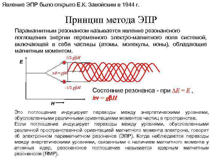 Явление ЭПР было открыто Е. К. Завойским в 1944 г. Принцип метода ЭПР Парамагнитным