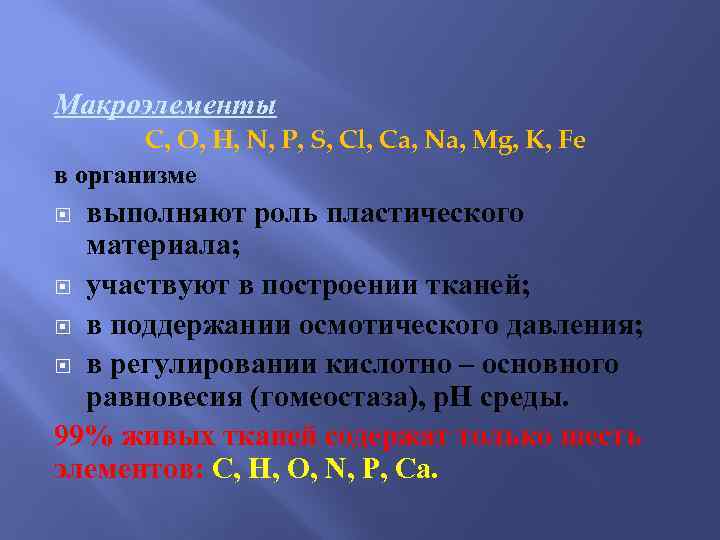 Макроэлементы C, O, H, N, P, S, Cl, Ca, Na, Mg, K, Fe в