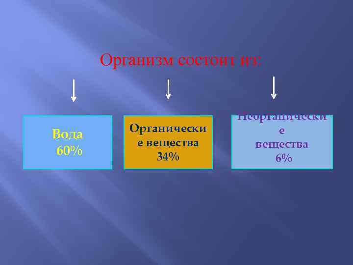 Организм состоит из: Вода 60% Органически е вещества 34% Неорганически е вещества 6% 