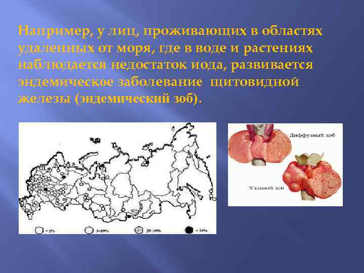 Например, у лиц, проживающих в областях удаленных от моря, где в воде и растениях