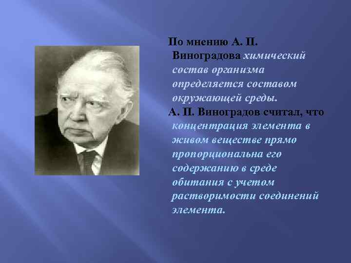 По мнению А. П. Виноградова химический состав организма определяется составом окружающей среды. А. П.