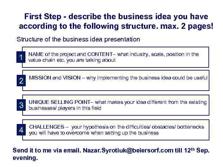 First Step - describe the business idea you have according to the following structure.