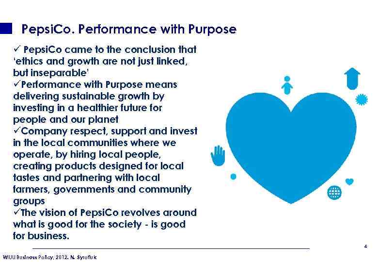 Pepsi. Co. Performance with Purpose ü Pepsi. Co came to the conclusion that ‘ethics