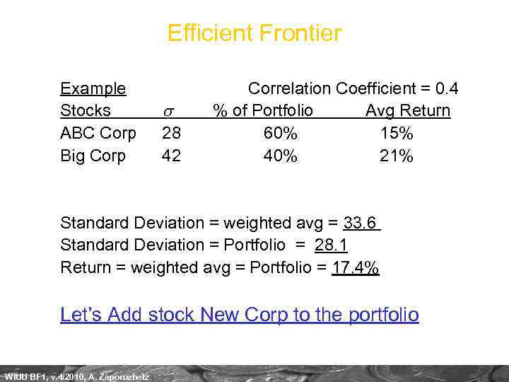 Efficient Frontier Example Correlation Coefficient = 0. 4 Stocks s % of Portfolio Avg