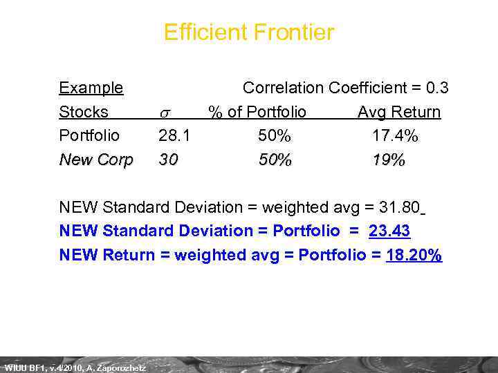 Efficient Frontier Example Correlation Coefficient = 0. 3 Stocks s % of Portfolio Avg