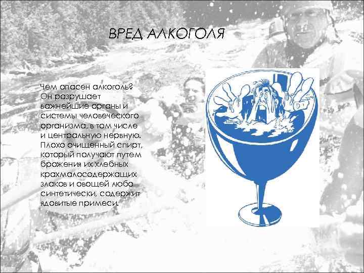 ВРЕД АЛКОГОЛЯ Чем опасен алкоголь? Он разрушает важнейшие органы и системы человеческого организма, в