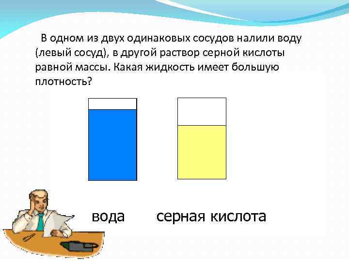 В одном из двух одинаковых сосудов налили воду (левый сосуд), в другой раствор серной