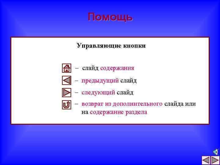 Помощь Управляющие кнопки – слайд содержания – предыдущий слайд – следующий слайд – возврат