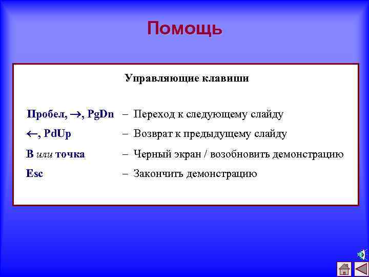 Помощь Управляющие клавиши Пробел, , Pg. Dn – Переход к следующему слайду , Pd.