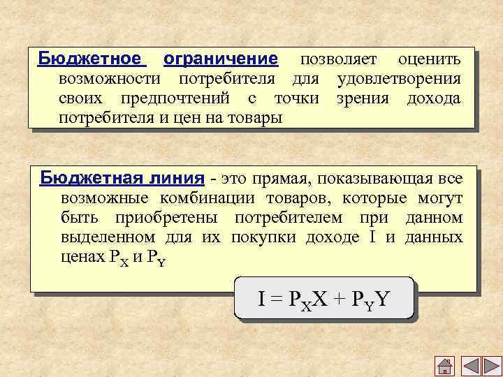 Бюджетное ограничение позволяет оценить возможности потребителя для удовлетворения своих предпочтений с точки зрения дохода