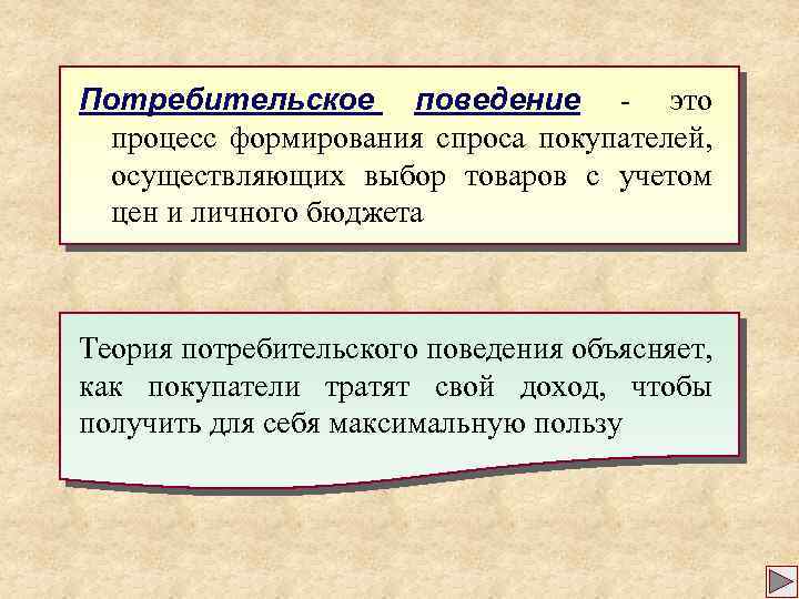 Потребительское поведение - это процесс формирования спроса покупателей, осуществляющих выбор товаров с учетом цен